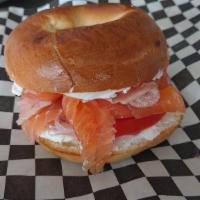 Lox And Bagel · Bagel, Cured Salmon, Cream Cheese Tomato, Red Onion, Dill.