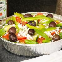 Greek Salad · Romaine lettuce, tomato, cucumber, red onion, green bell pepper, feta cheese, Greek olives, ...