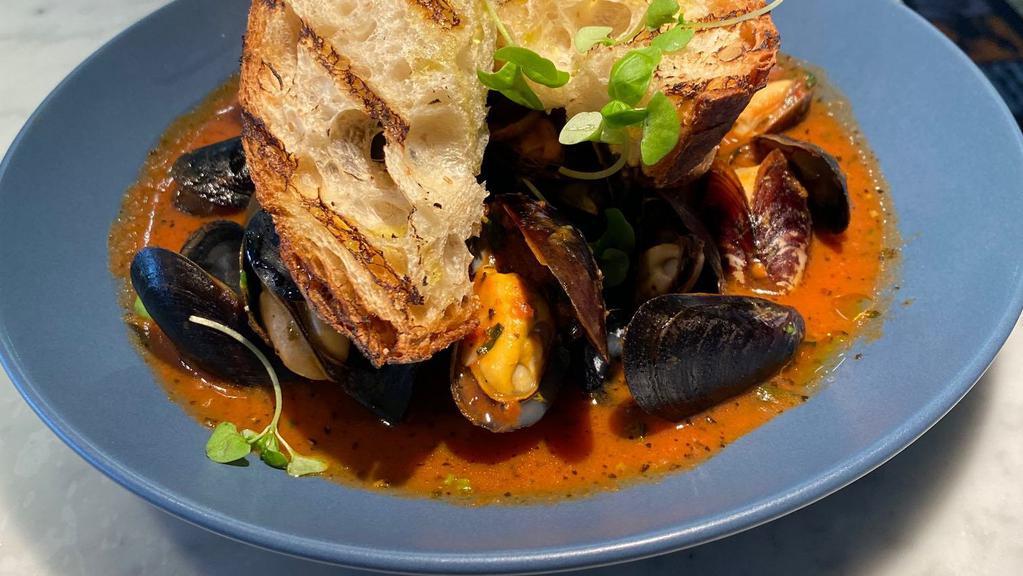 Steamed Black Mussels · Choice of white wine and garlic broth or rustic tomato broth.  Served with shallots and grilled sourdough.