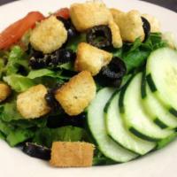 House · Mixed greens, tomatoes, olives, cucumbers, croutons, and choice of dressing. Dressings: Appl...
