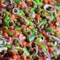 The Works (Large) · 12 slices. Rustic tomato sauce, mozzarella, pepperoni, sausage, green bell peppers, red onio...