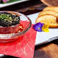 Toro Tartare · Chopped Toro + Creme  Fraiche + Caviar + Dashi Soy + Baguette + Gold Leaf