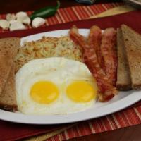 Bacon & Eggs · Three strips of bacon, two eggs.