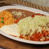 3 Pieces Enchilada Plate · Three chicken or cheese enchiladas topped with red or green sauce, lettuce, cheese, and sour...