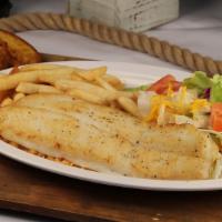 Filete A La Pancha · Grilled fish filet with rice, french fries, salad, and garlic bread.
