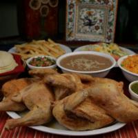 Pollo Asado Meal · 12 pieces of chicken, two sides of choice (rice, beans, french fries, salad) and 12 tortillas.