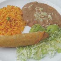 Taquitos Jr. Plate · One taquito with guacamole, rice, and beans.