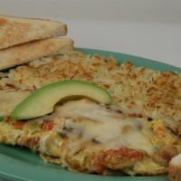 Mushroom & Cheese Omelette · Hearty omelette stuffed with mushrooms, bell peppers, onion, tomato and shredded jack cheese...