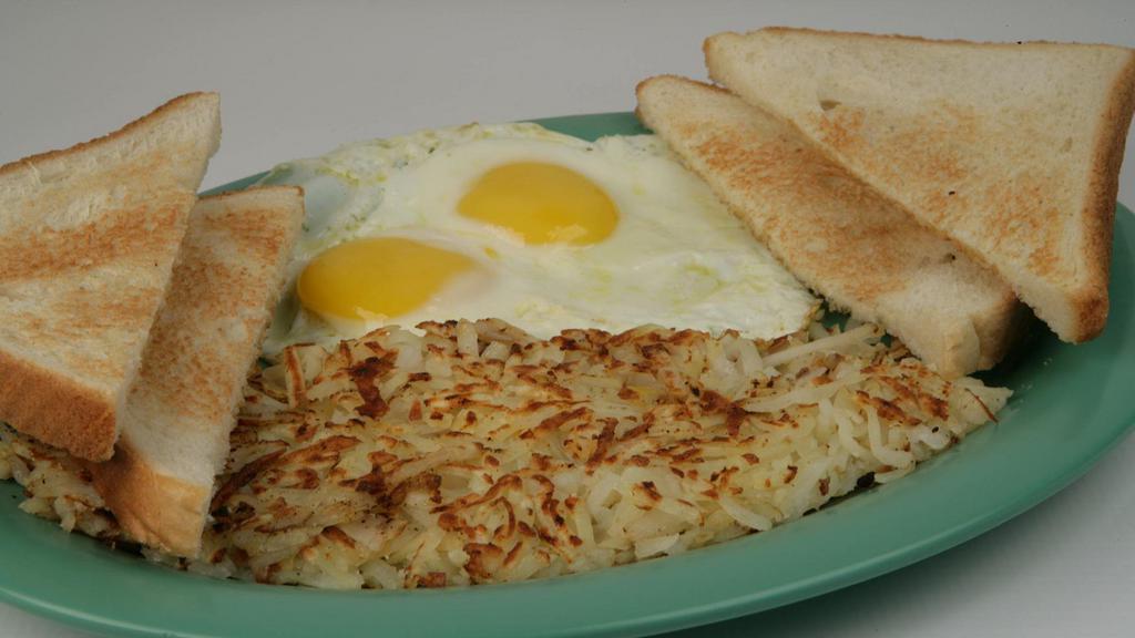 Two Eggs Breakfast · Served with two Eggs, hash brown, toast & jelly.
