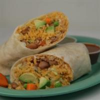 Rodeo Veggie Burrito · Rice, pinto beans, avocado, pico de gallo, lettuce & sour cream wrapped in a flour tortilla.
