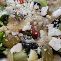 Greek Salad Combo · Romaine lettuce, tomato, cucumbers, black and green olives, feta, pepperoncinis and Greek fe...