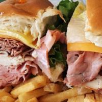 Big Rich Sandwich Combo · Hazelwood's on the Bay favorite: Turkey, ham, roast beef, Swiss cheese and Cheddar cheese. W...