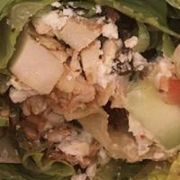 Cobb Wrap Combo · Romaine lettuce, tomato, cucumber, chicken, bacon, egg, avocado, bleu cheese crumbles, Scall...