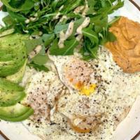 Breakfast Plate · 3 Organic eggs any style, Avocado, Arugula, Olive oil & Red Pepper Hummus