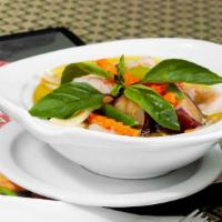 Green Curry · Pea carrot, bell pepper, bamboo shoot, eggplant, and Thai basil with coconut milk. Served wi...