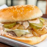 Bob'S Burger · Angus Wagyu burger with house sauce, white Cheddar cheese, dill pickles, grilled onions, ses...