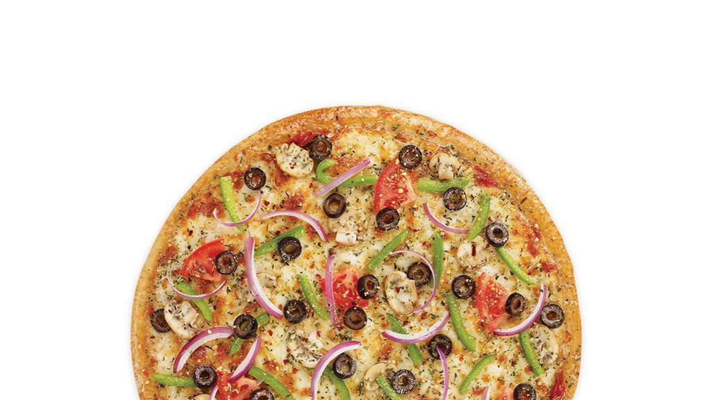 California Veggie - Personal · Mushrooms, green peppers, red onions, black olives, sliced tomatoes with garlic and classic spices.