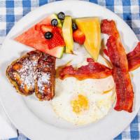 2+2+2 = 2 Good · Two eggs any style with two pieces of bacon, and choice of two wedges of french toast or 2 p...