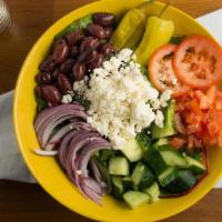 Greek · Mixed greens and romaine, red onions, kalamata olives, tomatoes, pepper cucumber, feta chees...