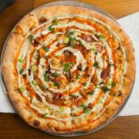 Buffalo Chicken · Ranch dressing, chicken, applewood bacon, scallions, mozzarella, provolone, gorgonzola chees...