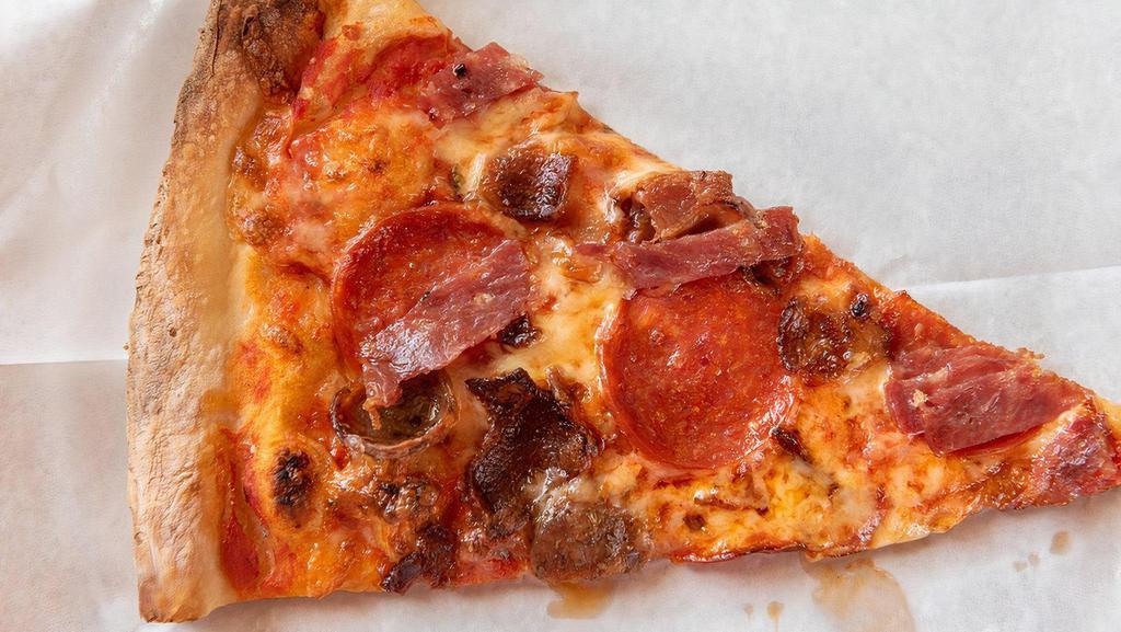 Meat Lovers · Tomato sauce topped with pepperoni, soppressata salami, bacon and sausage, and mozzarella.