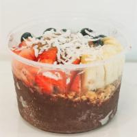 Acai Bowl · Acai, bananas, blueberries, strawberries, granola, honey drizzle, coconut shreds, almond but...