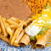 Kids: 2 Beef Rolled Tacos · Topped with guacamole, cheese and sour cream
Includes rice, beans and french fries.