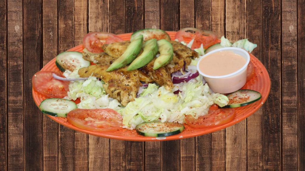 #22 Grilled Chicken Salad · Lettuce, Cucumbers, Tomatoes, Onions, Jack Cheese, House Dressing