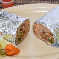 Burritos · Meat of choice, beans, rice, cilantro, onions, salsa in flour tortilla.