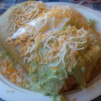 Chimichanga · Deep fried burrito with choice of meat, rice, beans, cheese, onion, cilantro, salsa, with so...