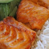 Fish Kabob · Grilled Salmon with Choice of 2 side dishes:  Green salad, Basmati rice, hummus, must-khiar ...