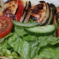 Chicken Kabob With Bell Peppers & Onions · Choice of 2 side dishes:  Green salad, Basmati rice, hummus, must-khiar or grill tomato.  Pi...