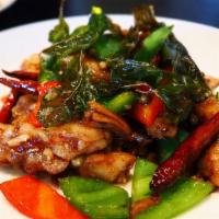 Pad Cha Fillet · Recommended. Comes with finger roots, basil, fresh pepper seeds and bell peppers saute with ...