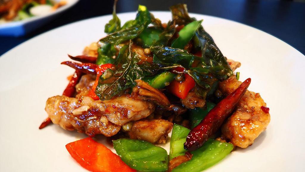 Pad Cha Fillet · Recommended. Comes with finger roots, basil, fresh pepper seeds and bell peppers saute with Thai chili sauce.