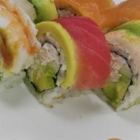 #11 Rainbow Roll · Crab, avocado, cucumber, raw fish, shrimp.