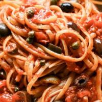 Linguine Puttanesca · Basil, garlic, black olives, capers, and marinara sauce.