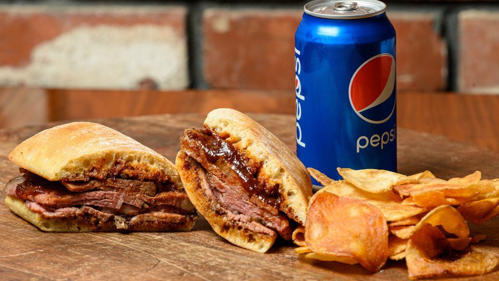 Smoked Bbq Tri-Tip Sandwich Combo · BW bbq sauce,  waffle fries or BW potato chips, drink