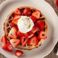 Strawberry Waffle · Topped with real whipped cream and fresh strawberries (in season). Dusted with powdered suga...