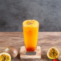 Nước Chanh Dây Dâu Tây  - Iced Passionfruit Strawberry Drink · Fresh strawberries and passion fruit pulp inside passion fruit juice.