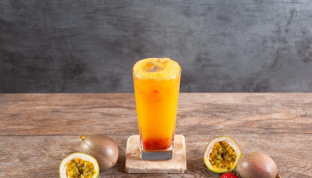 Nước Chanh Dây Dâu Tây  - Iced Passionfruit Strawberry Drink · Fresh strawberries and passion fruit pulp inside passion fruit juice.