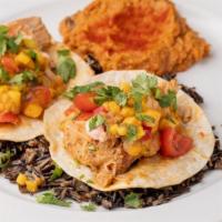 Jackfruit Taco Platter With Mango Salsa · Roasted Jackfruit with authentic flavors served on Teff tortillas with Wild Rice and Refried...