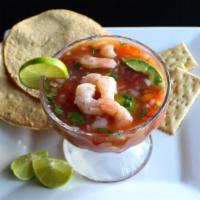 Shrimp Cocktail · Shrimp cocktail, includes cucumber, tomato, cilantro and onion, avocado, tostadas, crackers,...