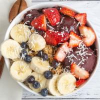 Acai Bowl · Acai, Granola, Coconut, banana, strawberries, kiwi, blueberries and agave sirup.