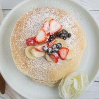 Pancakes · 3 pancakes with Strawberry, banana, blueberry and powder sugar