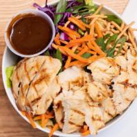 Chinese Chicken Salad · Chinese noodles, chicken, lettuce, green onions, sesame seeds, cilantro, red cabbage, carrot...