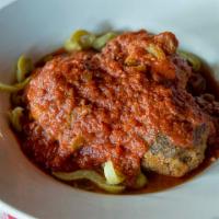 Meatballs & Peppers · Three meatballs with green peppers and meat sauce.
