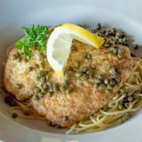 Chicken Picatta · Boneless chicken breast dipped in flour and cooked in butter, capers, lemon, and white wine.