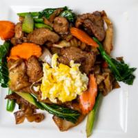 Pad See Ewe · Stir fried dry rice flat noodle, egg, Chinese broccoli.
