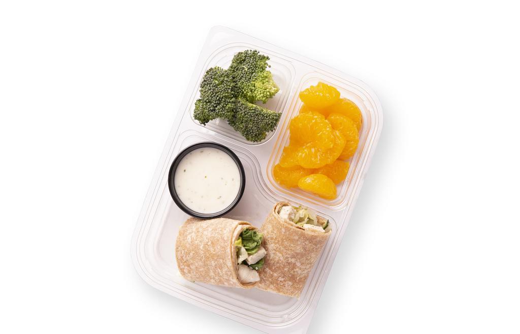 Kids Chicken Ceasar Wrap · This timeless classic featuring Grilled Chicken in a half-wrap size is a favorite among kids. It is served with a choice of 1 Veggie and 1 Fruit, and a Dip or Dressing is served on the side. All Kids Works menu items are served with a Juice Box.