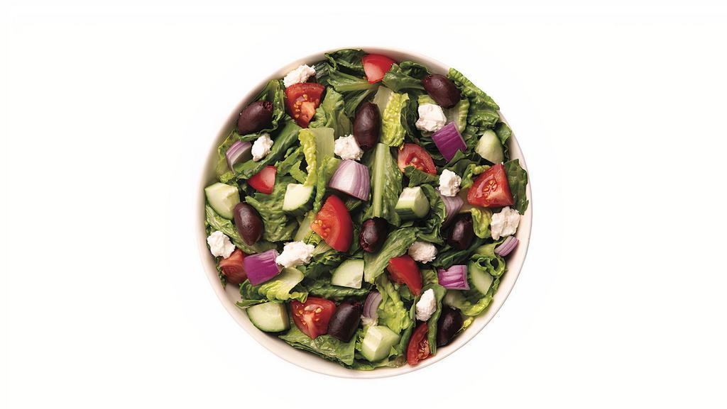 Classic Greek Salad · This Signature Salad features a recommended base of our Romaine/Iceberg blend. It is served with Diced Tomatoes, Sliced Cucumbers, Kalamata Olives, Diced Red Onion, and Feta Cheese. We recommend our Housemade Greek Vinaigrette.
